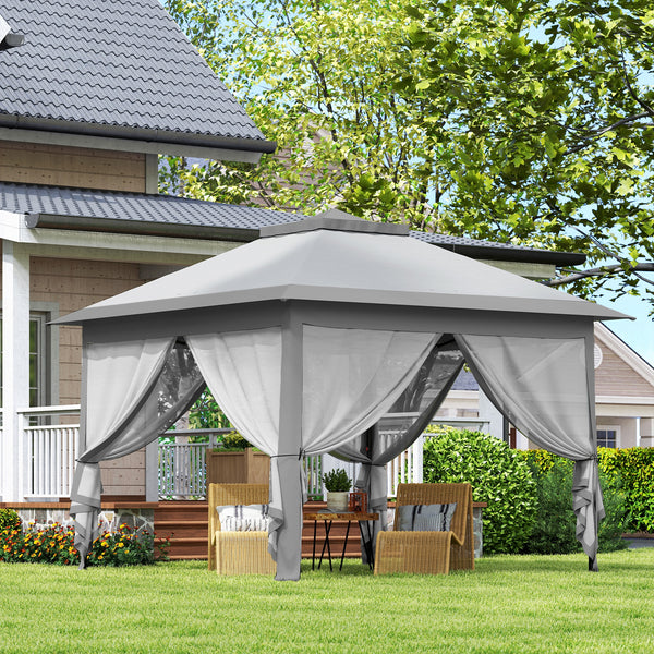 3.3 x 3.3m Pop Up Gazebo, Double Roof Foldable Canopy Tent with Zipped Mesh Sidewalls, Height Adjustable and Carrying Bag, Event Tent for Patio Garden, Grey