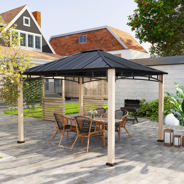10' x 12' Hardtop Gazebo Canopy with Galvanized Metal Roof and Wood Grain Frame, Permanent Outdoor Gazebo with Ceiling Hook for Patio, Garden, Backyard, Lawn, Deck
