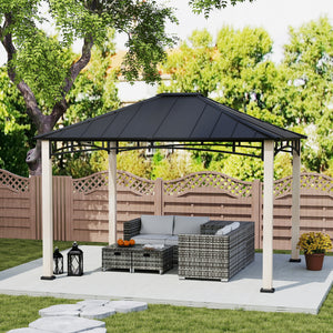 10' x 12' Hardtop Gazebo Canopy with Galvanized Metal Roof and Wood Grain Frame, Permanent Outdoor Gazebo with Ceiling Hook for Patio, Garden, Backyard, Lawn, Deck