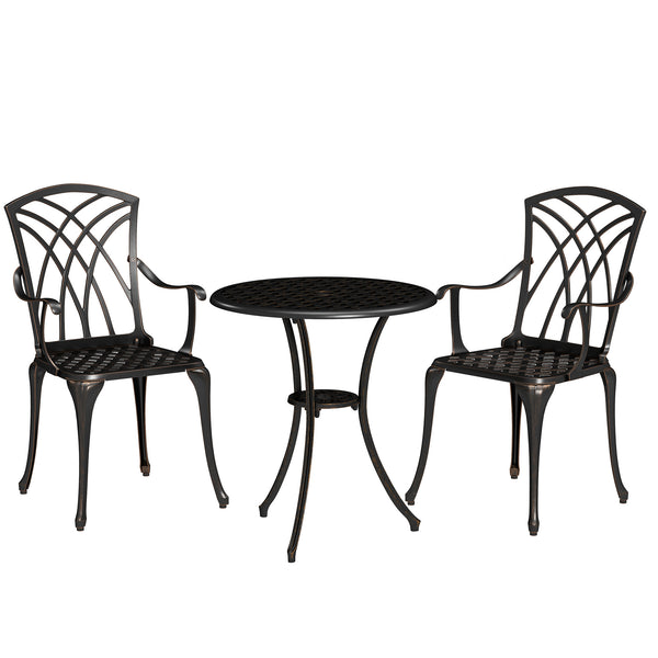 3 Pieces Garden Dining Set for 2, Cast Aluminium Outdoor Dining Set with 2 Armchairs and Round Dining Table with Parasol Hole, Garden Furniture Set, Bronze Tone