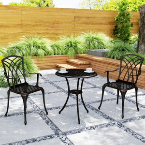 3 Pieces Garden Dining Set for 2, Cast Aluminium Outdoor Dining Set with 2 Armchairs and Round Dining Table with Parasol Hole, Garden Furniture Set, Bronze Tone