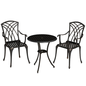 3 Pieces Garden Dining Set for 2, Cast Aluminium Outdoor Dining Set with 2 Armchairs and Round Dining Table with Parasol Hole, Garden Furniture Set, Bronze Tone