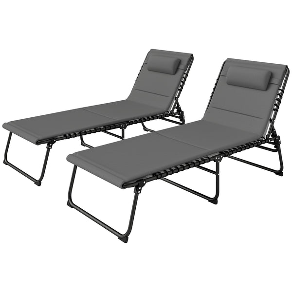 Folding Chaise Lounge Chair Set of 2, Reclining Outdoor Lounge Chair Set with Quick Drying Pad Headrest Side Pocket, Tanning Chair Set for Beach Garden Pool, Light Grey