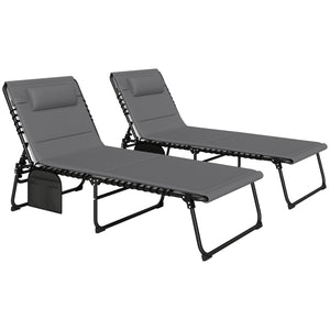 Folding Chaise Lounge Chair Set of 2, Reclining Outdoor Lounge Chair Set with Quick Drying Pad Headrest Side Pocket, Tanning Chair Set for Beach Garden Pool, Light Grey