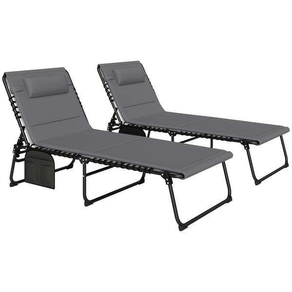 Folding Chaise Lounge Chair Set of 2, Reclining Outdoor Lounge Chair Set with Quick Drying Pad Headrest Side Pocket, Tanning Chair Set for Beach Garden Pool, Light Grey