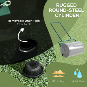 20" Push/Tow Behind Lawn Roller, Heavy Duty Sod Drum Roller Filled with 11 Gal Water/136 Lbs Sand, Grass Flattener for Yard, Patio, Park, Green