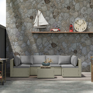 7 Pieces Rattan Garden Furniture Set, 6 Seater Garden Corner Sofa with Wide Seat, Cushions and Glass Top Table, Sectional Outdoor Furniture Conservatory Set for Patio, Light Brown