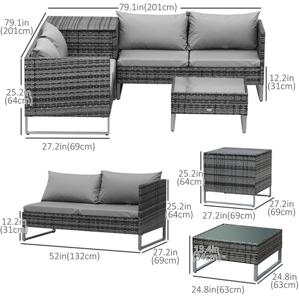 4 Piece Patio Furniture Set, Outdoor Sectional Rattan Sofa with Storage Function, Glass Top Coffee Table for Backyard, Porch, Poolside, Balcony, Garden