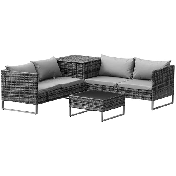 4 Piece Patio Furniture Set, Outdoor Sectional Rattan Sofa with Storage Function, Glass Top Coffee Table for Backyard, Porch, Poolside, Balcony, Garden
