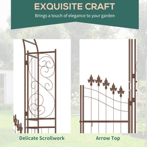7' Metal Garden Arbor, Garden Arch with Gate, Fleur De Lis Motif, Latching Doors, Planter Shelves for Climbing Vines, Ceremony, Weddings, Party, Garden, Backyard, Lawn, Brown