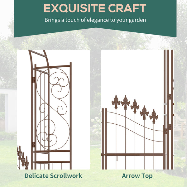 7' Metal Garden Arbor, Garden Arch with Gate, Fleur De Lis Motif, Latching Doors, Planter Shelves for Climbing Vines, Ceremony, Weddings, Party, Garden, Backyard, Lawn, Brown