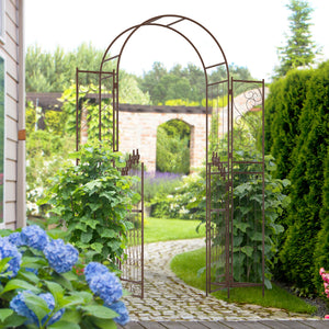 7' Metal Garden Arbor, Garden Arch with Gate, Fleur De Lis Motif, Latching Doors, Planter Shelves for Climbing Vines, Ceremony, Weddings, Party, Garden, Backyard, Lawn, Brown