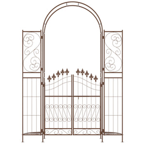 7' Metal Garden Arbor, Garden Arch with Gate, Fleur De Lis Motif, Latching Doors, Planter Shelves for Climbing Vines, Ceremony, Weddings, Party, Garden, Backyard, Lawn, Brown