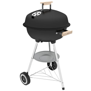 Portable Charcoal BBQ Grill, Steel Barbecue Grill with Lid and Air Vents, Outdoor Camp Picnic Cooker with Wheels and Storage Shelf, Black