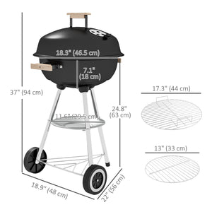 Portable Charcoal BBQ Grill, Steel Barbecue Grill with Lid and Air Vents, Outdoor Camp Picnic Cooker with Wheels and Storage Shelf, Black