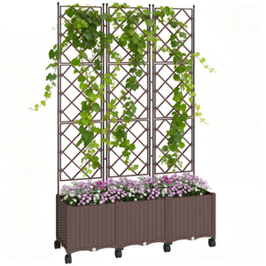 Plastic Raised Planter with Trellis, Self Watering Raised Bed for Garden with Wheels, Drainage Holes and Plugs for Climbing Plants, Outdoor Elevated Planter Box for Vegetables Flowers Herbs