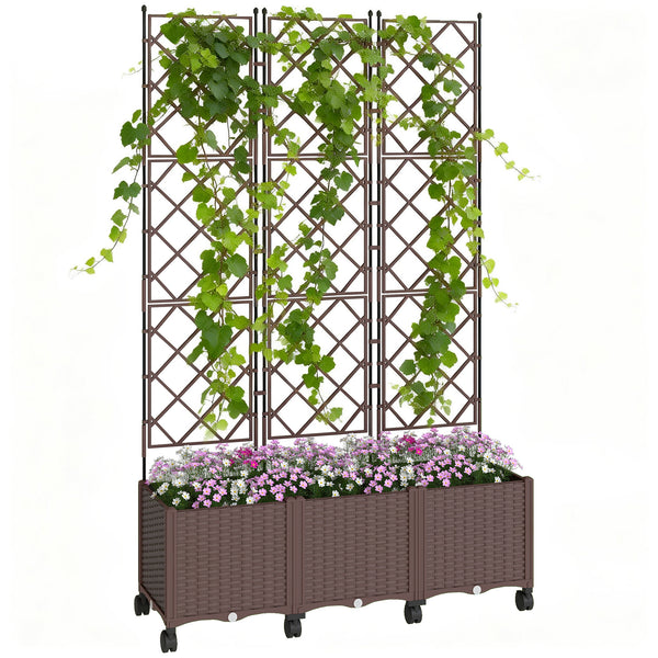 Plastic Raised Planter with Trellis, Self Watering Raised Bed for Garden with Wheels, Drainage Holes and Plugs for Climbing Plants, Outdoor Elevated Planter Box for Vegetables Flowers Herbs