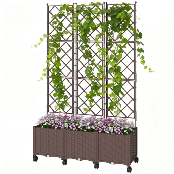 Plastic Raised Planter with Trellis, Self Watering Raised Bed for Garden with Wheels, Drainage Holes and Plugs for Climbing Plants, Outdoor Elevated Planter Box for Vegetables Flowers Herbs