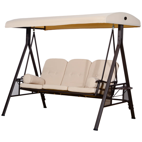 3 Seater Porch Swing Heavy Duty Outdoor Swing Chair Outdoor Lounge Hammock Cushioned Seat w/ Tilt Canopy, Beige