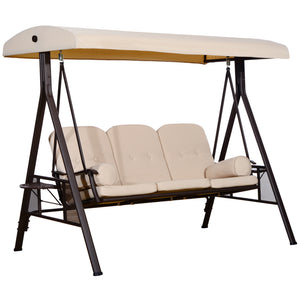 3 Seater Porch Swing Heavy Duty Outdoor Swing Chair Outdoor Lounge Hammock Cushioned Seat w/ Tilt Canopy, Beige