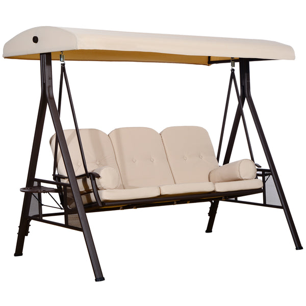 3 Seater Porch Swing Heavy Duty Outdoor Swing Chair Outdoor Lounge Hammock Cushioned Seat w/ Tilt Canopy, Beige
