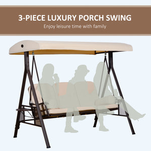 3 Seater Porch Swing Heavy Duty Outdoor Swing Chair Outdoor Lounge Hammock Cushioned Seat w/ Tilt Canopy, Beige