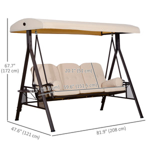 3 Seater Porch Swing Heavy Duty Outdoor Swing Chair Outdoor Lounge Hammock Cushioned Seat w/ Tilt Canopy, Beige