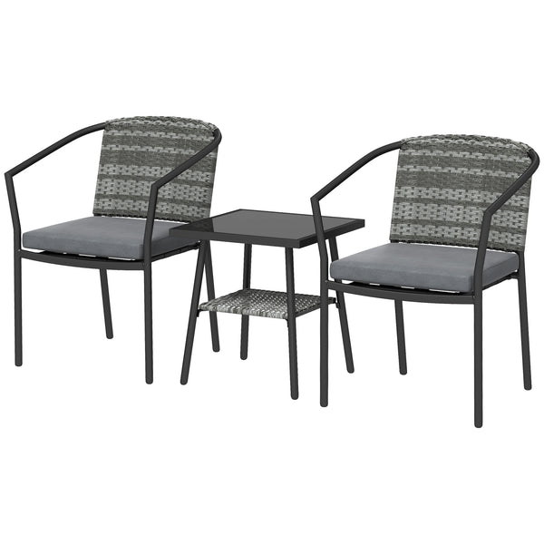 3 Pieces Rattan Bistro Set with Cushions, Wicker Garden Furniture Set, Glass Top Coffee Table and Chairs for Outdoor Patio, Balcony, Terrace and Conservatory, Grey