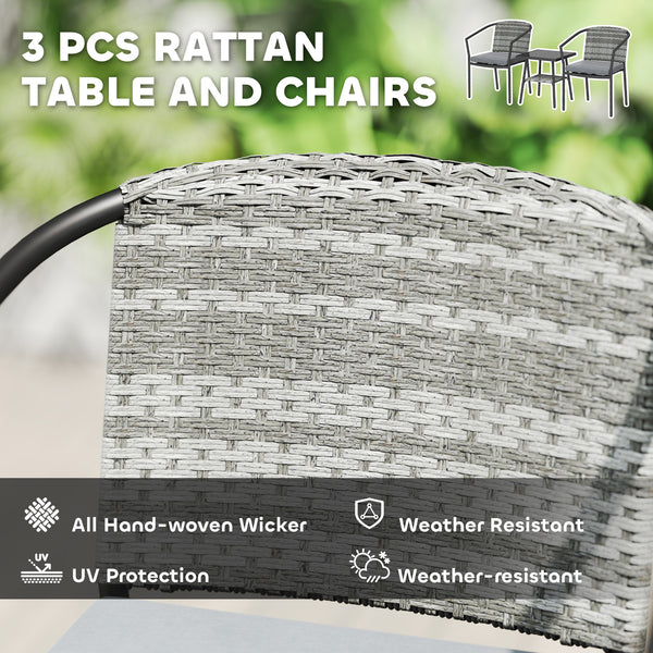 3 Pieces Rattan Bistro Set with Cushions, Wicker Garden Furniture Set, Glass Top Coffee Table and Chairs for Outdoor Patio, Balcony, Terrace and Conservatory, Grey