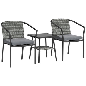 3 Pieces Rattan Bistro Set with Cushions, Wicker Garden Furniture Set, Glass Top Coffee Table and Chairs for Outdoor Patio, Balcony, Terrace and Conservatory, Grey
