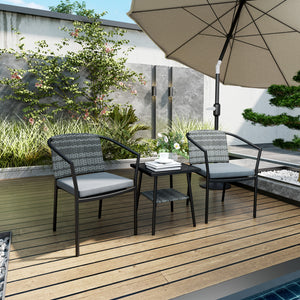 3 Pieces Rattan Bistro Set with Cushions, Wicker Garden Furniture Set, Glass Top Coffee Table and Chairs for Outdoor Patio, Balcony, Terrace and Conservatory, Grey