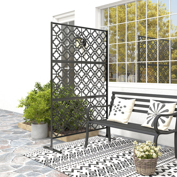 Metal Outdoor Privacy Screen, 78" x 48" Freestanding Outdoor Divider with Stand, Decorative Privacy Panel with Quatrefoil Cut-out Design for Garden Patio Backyard, Black