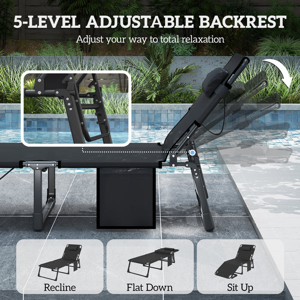 Lounge Chair Outdoor Set of 2, 75 cm Wide Folding Chaise Lounge Tanning Chair, 5-Position Beach Patio Lounger Camping Cot Bed with Cushion, Side Pocket, Dark Grey