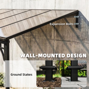 13' x 10' Lean to Gazebo, Hardtop Wall Mounted Outdoor Pergola with Polycarbonate Roof and Metal-Aluminium Frame, Heavy Duty Metal Pergola for Patio Deck Backyard, Brown