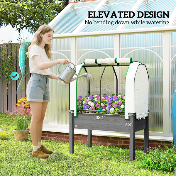 Raised Garden Bed with PE Greenhouse Cover Outdoor Elevated Wood Planter Box for Herbs and Vegetables, Use for Patio, Backyard, Balcony, 35 x 22 x 47 inch, Dark Gray