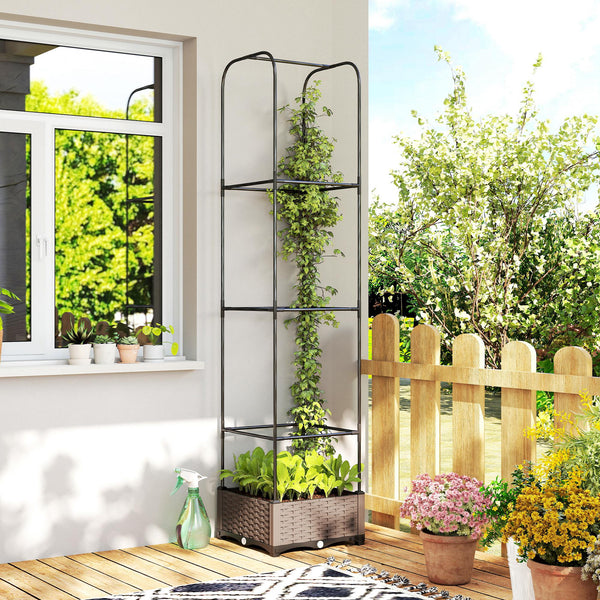 Raised Garden Bed with Trellis, Self Watering Plastic Planter Box with Drainage Holes, Drain Plugs and Water Reservoirs for Climbing Plants, Vegetables, Flowers, 40 x 40 x 179 cm, Black