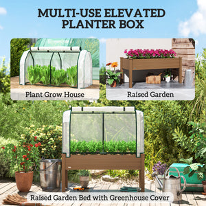 Raised Garden Bed with PE Greenhouse Cover Outdoor Elevated Wood Planter Box for Herbs and Vegetables, Use for Patio, Backyard, Balcony, 48 x 22 x 46 inch, Brown