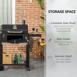 Charcoal BBQ Grill Trolley with Adjustable Charcoal Pan, Barbecue Grill Smoker with Storage Shelves, Lid, Thermometer, Bottle Opener and Wheels, Galvanised Steel