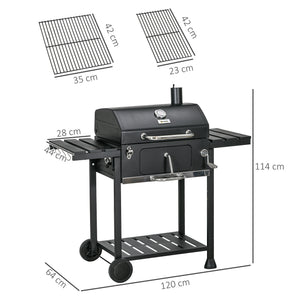 Charcoal Barbecue Grill Trolley with Adjustable Charcoal Pan, Galvanised Steel Smoker BBQ Grill with Storage Shelves, Lid, Themometer, Bottle Opener and Wheels, Black