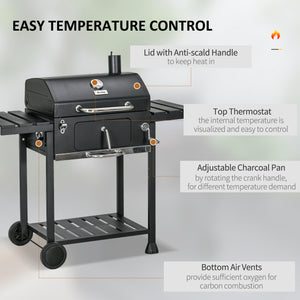 Charcoal BBQ Grill Trolley with Adjustable Charcoal Pan, Barbecue Grill Smoker with Storage Shelves, Lid, Thermometer, Bottle Opener and Wheels, Galvanised Steel