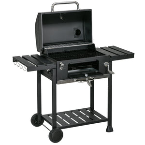 Charcoal Barbecue Grill Trolley with Adjustable Charcoal Pan, Galvanised Steel Smoker BBQ Grill with Storage Shelves, Lid, Themometer, Bottle Opener and Wheels, Black