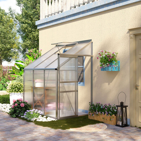 6 x 4ft Lean to Wall Polycarbonate Greenhouse Aluminium Walk-in Garden Greenhouse with Adjustable Roof Vent, Rain Gutter and Sliding Door, Clear