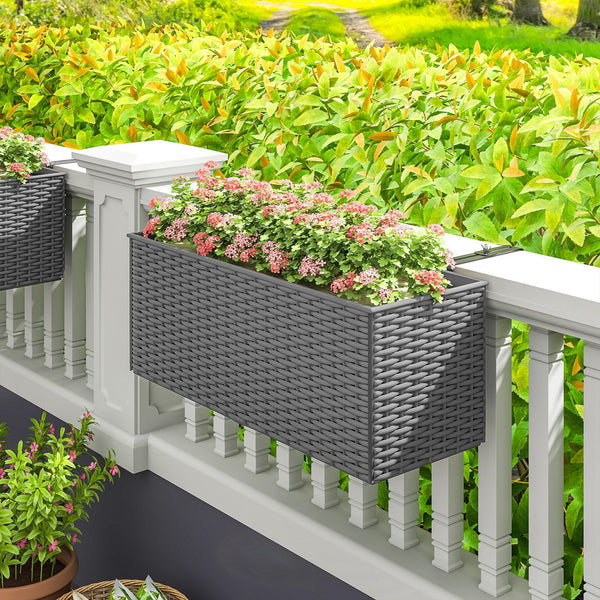 2 Pack Railing Planter Box, 20 Inch Hanging Flower Pots with Hooks and Drainage Hole, Rectangular Planters for Fence, Balcony, Garden, Patio, Rattan Look, Grey