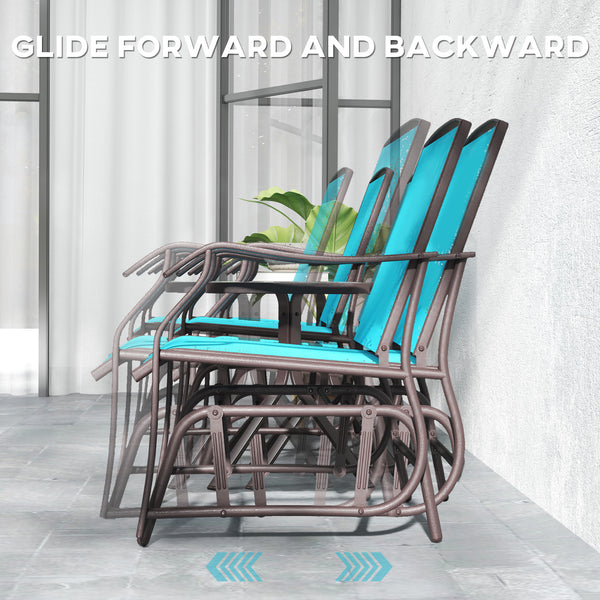 3 Piece Patio Glider Set, Outdoor Gliders with Glass Top Table, Breathable Mesh Seat, or Garden, Country Yard, Porch, Blue