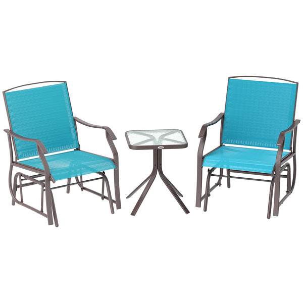 3 Piece Patio Glider Set, Outdoor Gliders with Glass Top Table, Breathable Mesh Seat, or Garden, Country Yard, Porch, Blue