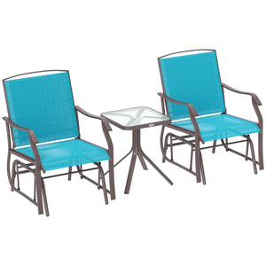 3 Piece Patio Glider Set, Outdoor Gliders with Glass Top Table, Breathable Mesh Seat, or Garden, Country Yard, Porch, Blue