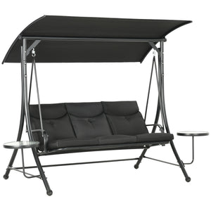 Porch Swing with Adjustable Canopy, 3 Seat Outdoor Swing Chair, Steel Patio Swing Bench with Coffee Tables and Cushion for Garden, Black