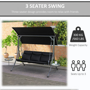 Porch Swing with Adjustable Canopy, 3 Seat Outdoor Swing Chair, Steel Patio Swing Bench with Coffee Tables and Cushion for Garden, Black
