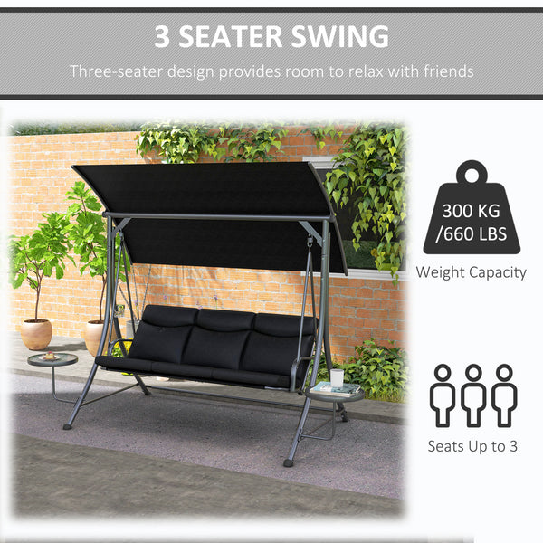 Porch Swing with Adjustable Canopy, 3 Seat Outdoor Swing Chair, Steel Patio Swing Bench with Coffee Tables and Cushion for Garden, Black