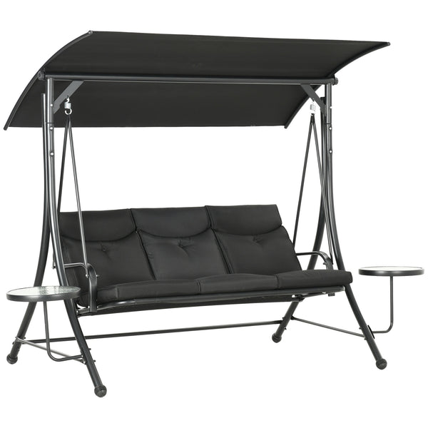 Porch Swing with Adjustable Canopy, 3 Seat Outdoor Swing Chair, Steel Patio Swing Bench with Coffee Tables and Cushion for Garden, Black